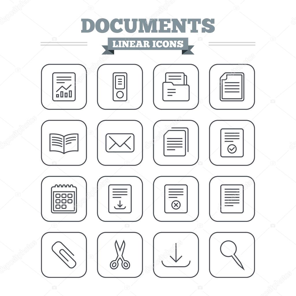Documents linear icons set.