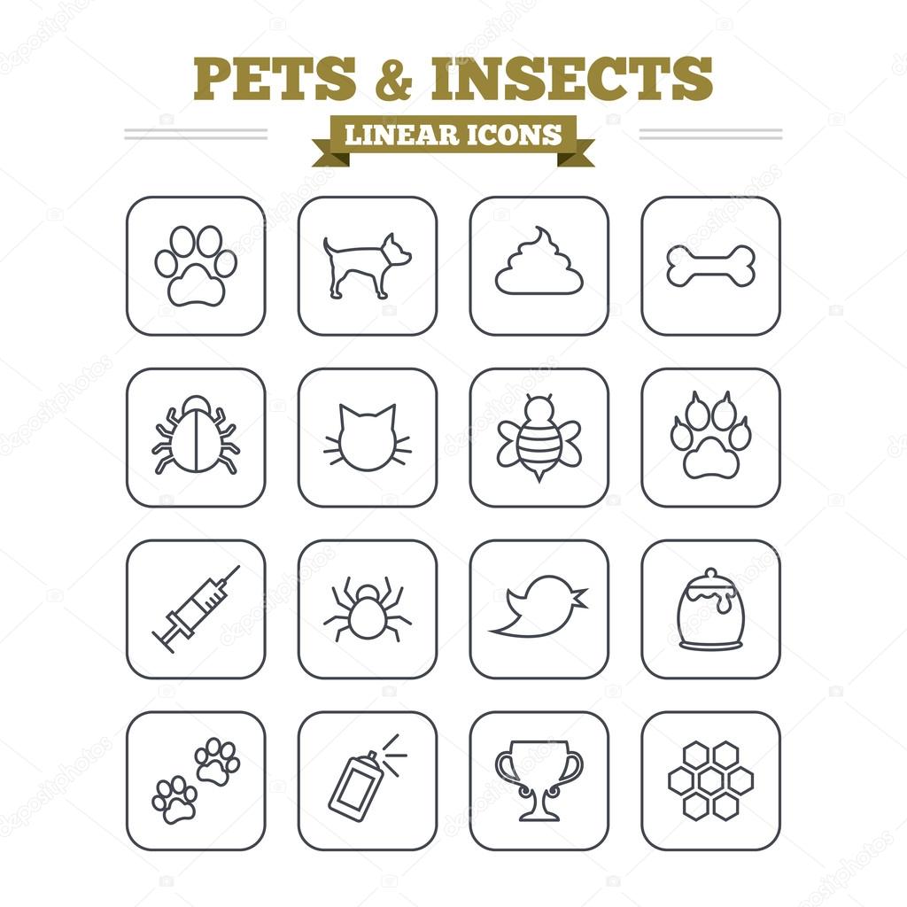 Pets and Insects linear icons