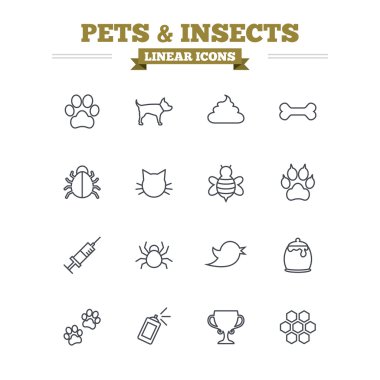 Pets and Insects linear icons clipart