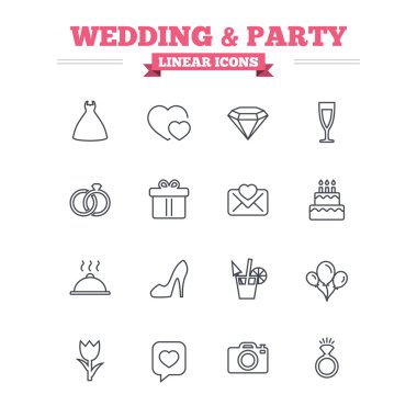 Düğün ve parti doğrusal Icons set.