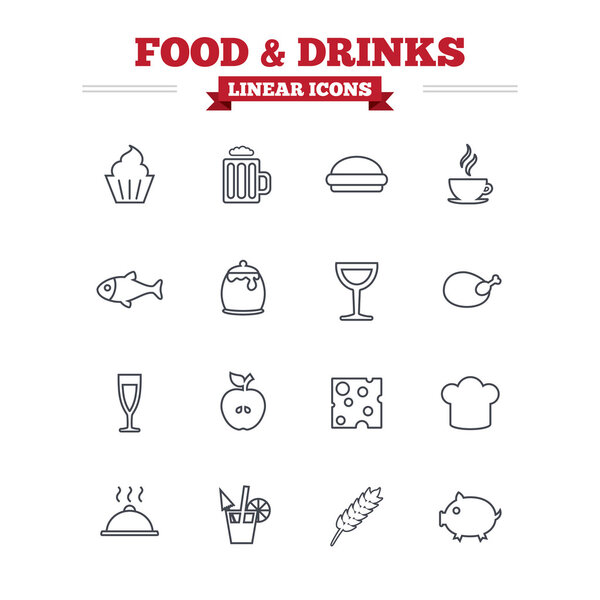 Food and Drinks linear icons set.