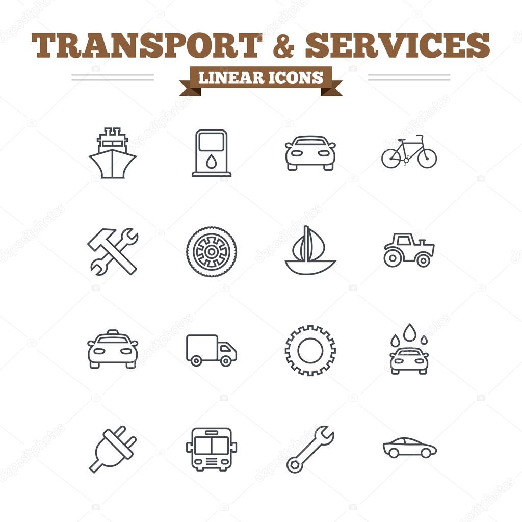 Transport and services linear icons set.