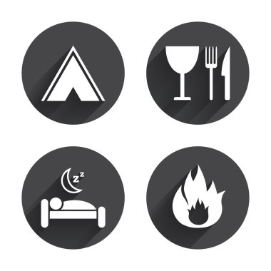 Yemek, uyku, kamp çadır ve yangın