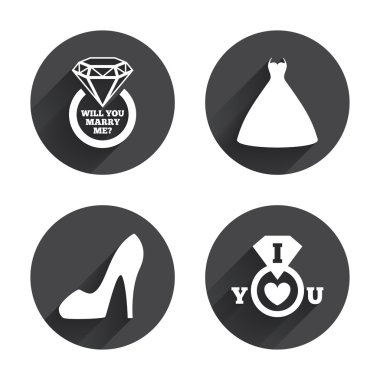 Wedding dress, bride icons set.
