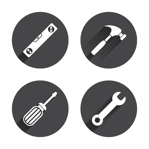 Chave de fenda e nível, martelo, ícones de ferramentas —  Vetores de Stock