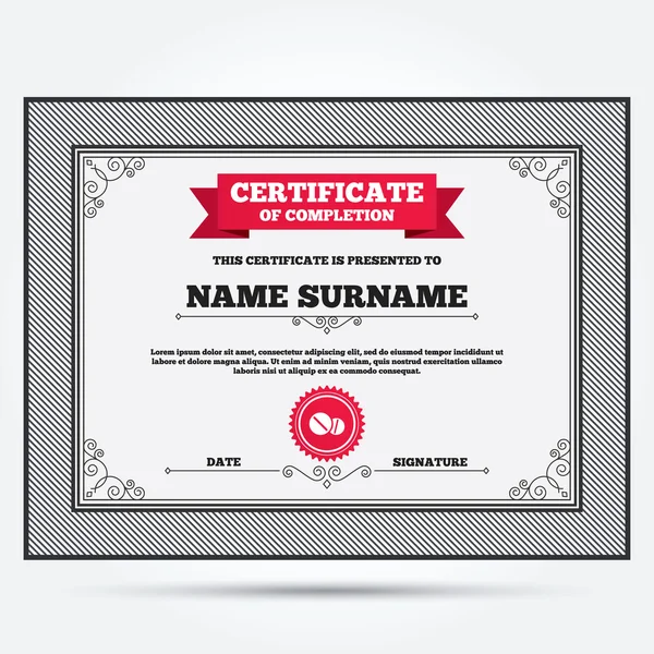 Certificate with Medical pill icon — 스톡 벡터