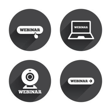 Webinar, camera, notebook icons set