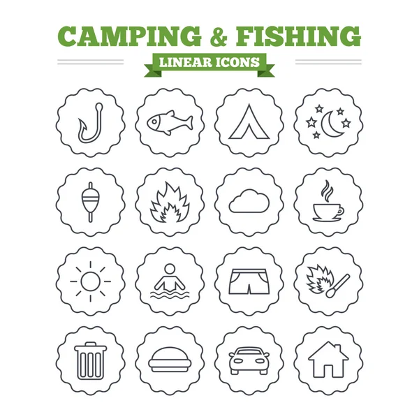 Camping en visserij pictogrammen ingesteld. — Stockvector