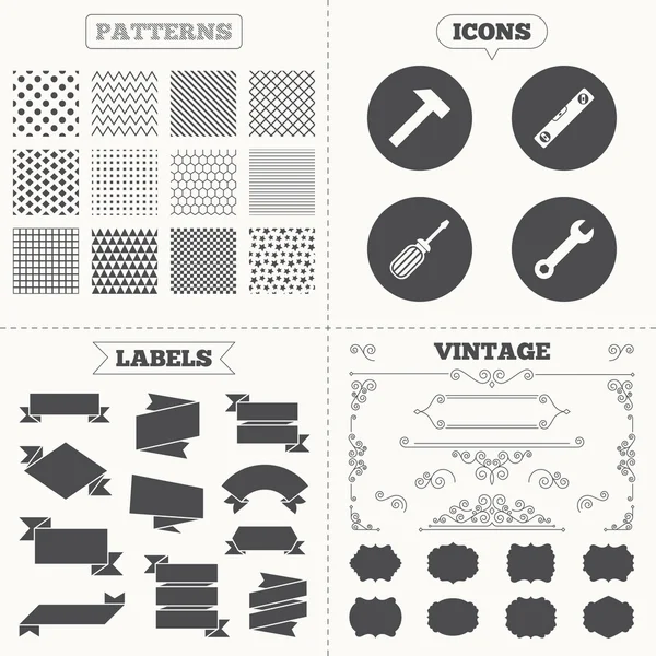 Labels, patterns with Tools, repair icons — Stock Vector