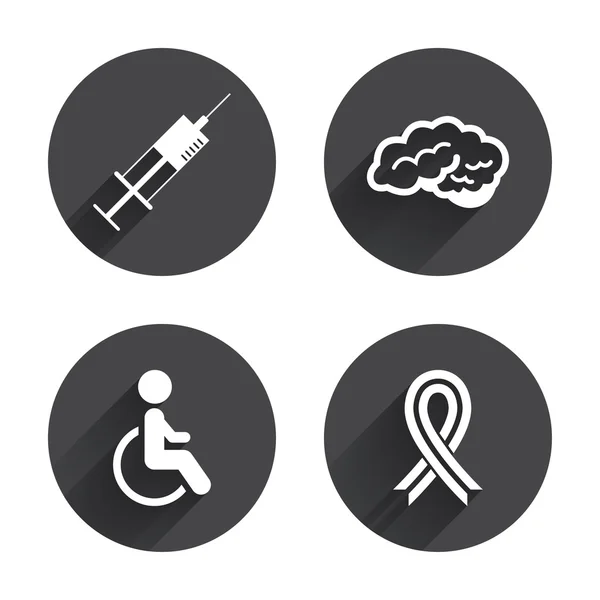 Syringe, disabled, brain. medicine icons — Stock Vector