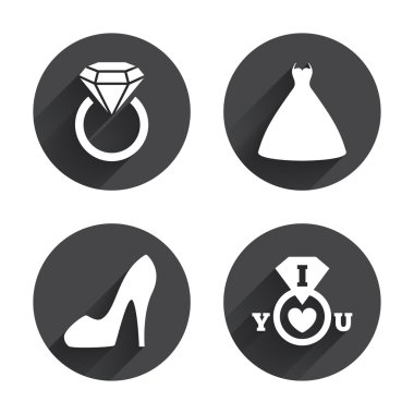 Wedding dress, bride icons set.
