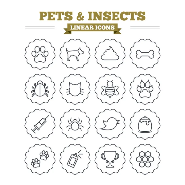 Conjunto de iconos de mascotas e insectos — Vector de stock