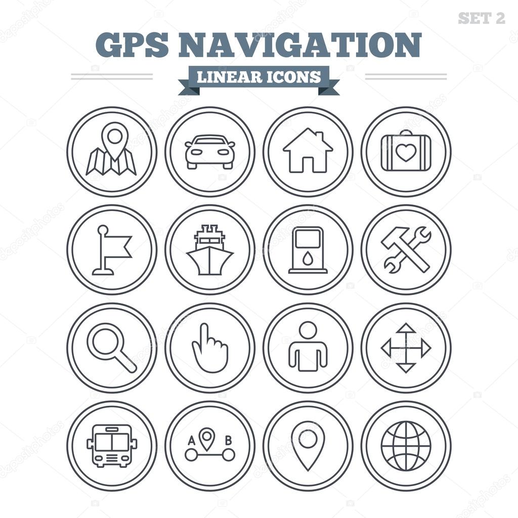 GPS navigation linear icons set