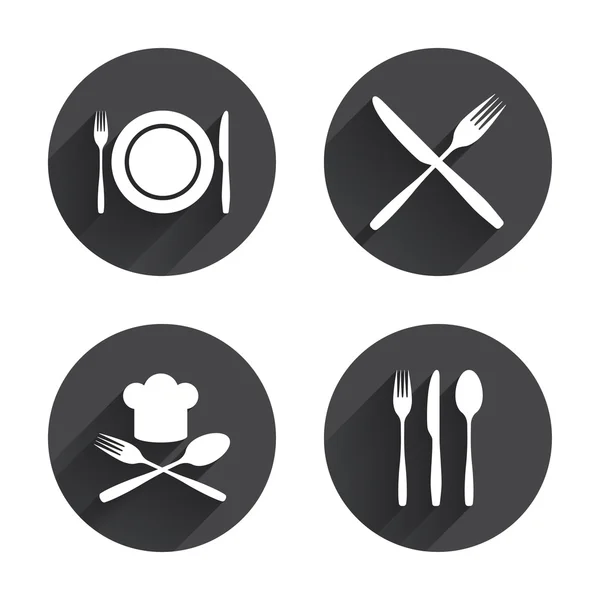 Plate, dish, cutlery, food icons — Stok Vektör