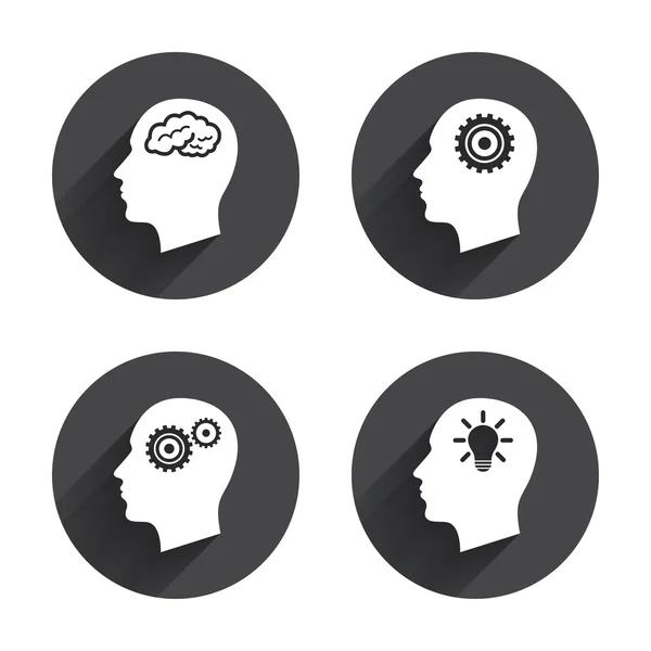 Cabeza con cerebro, idea, iconos de negocios — Vector de stock