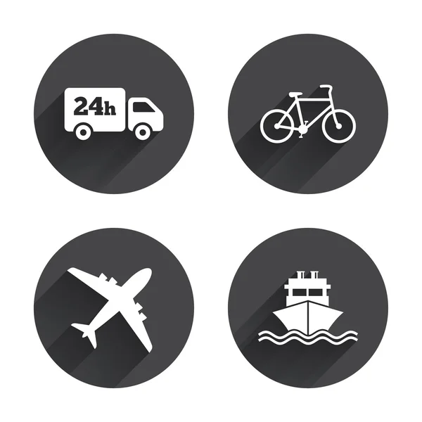 Camión de carga, envío, iconos de bicicleta — Vector de stock