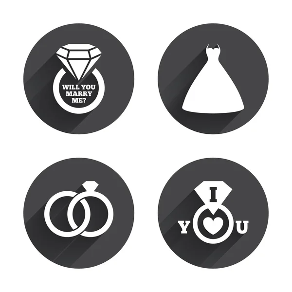 Wedding dress, bride, groom icons — Stockvector