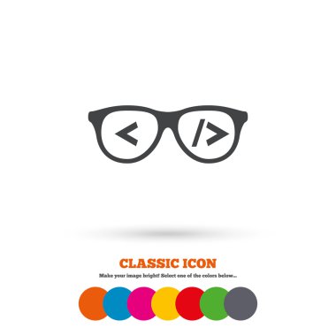 Coder sign icon. Programmer symbol. Glasses icon. Classic flat icon. Colored circles. Vector clipart svg vector 