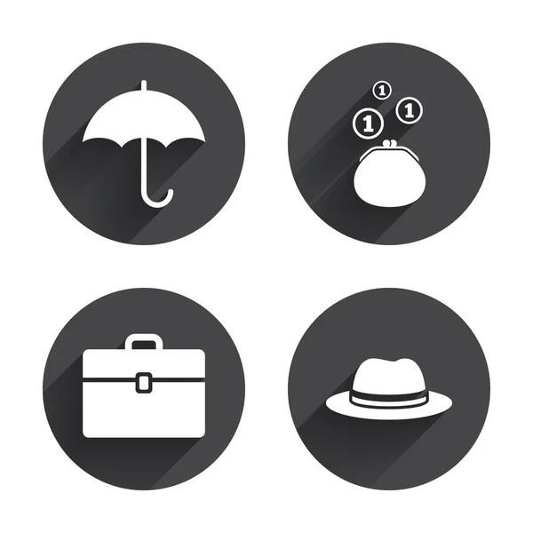 Umbrella, wallet and hat with case icons — 스톡 벡터