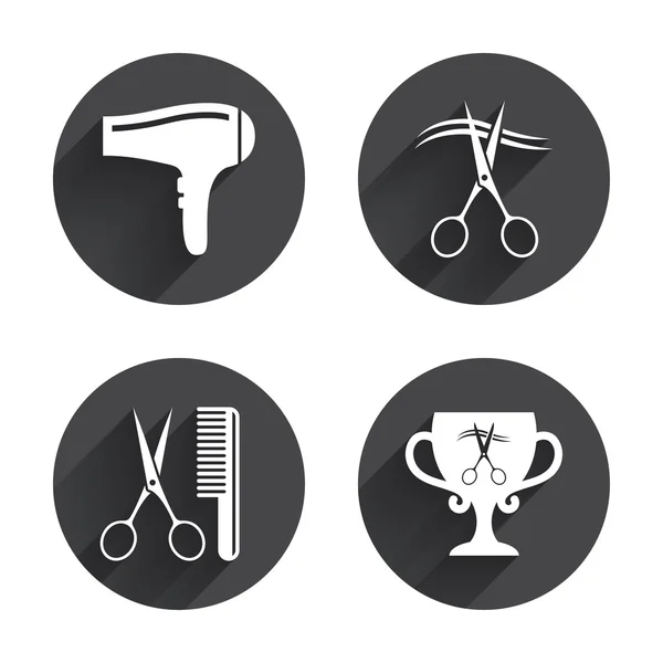 Hairdresser icons. Scissors cut hair — Stock Vector