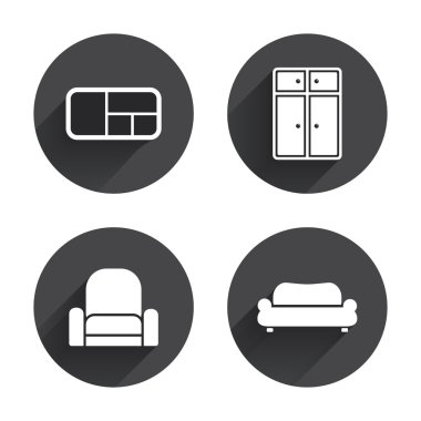 Furniture icons. Sofa, cupboard, and book