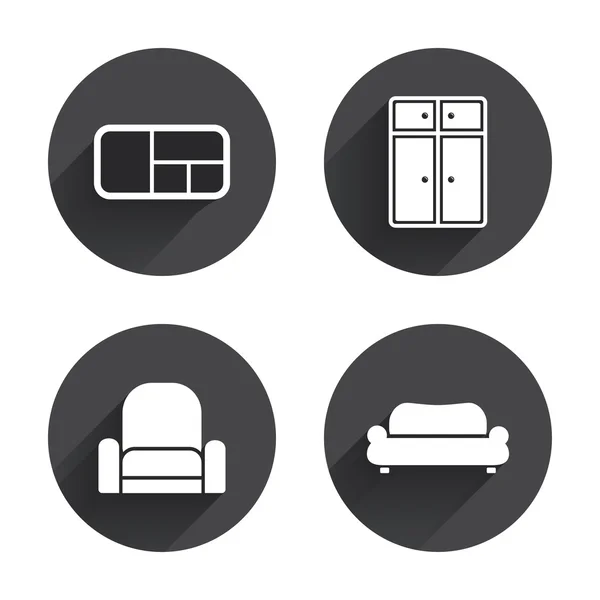 Furniture icons. Sofa, cupboard, and book — 图库矢量图片