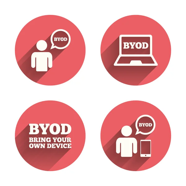 BYOD signs. Human with notebook and smartphone. — Stock Vector