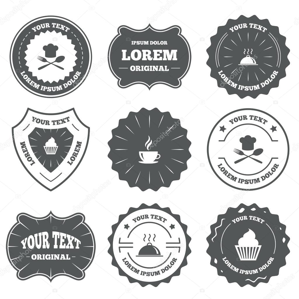 Vintage emblems, labels. Food and drink icons. Muffin cupcake symbol. Fork and spoon with Chef hat sign. Hot coffee cup. Food platter serving. Design elements. Vector