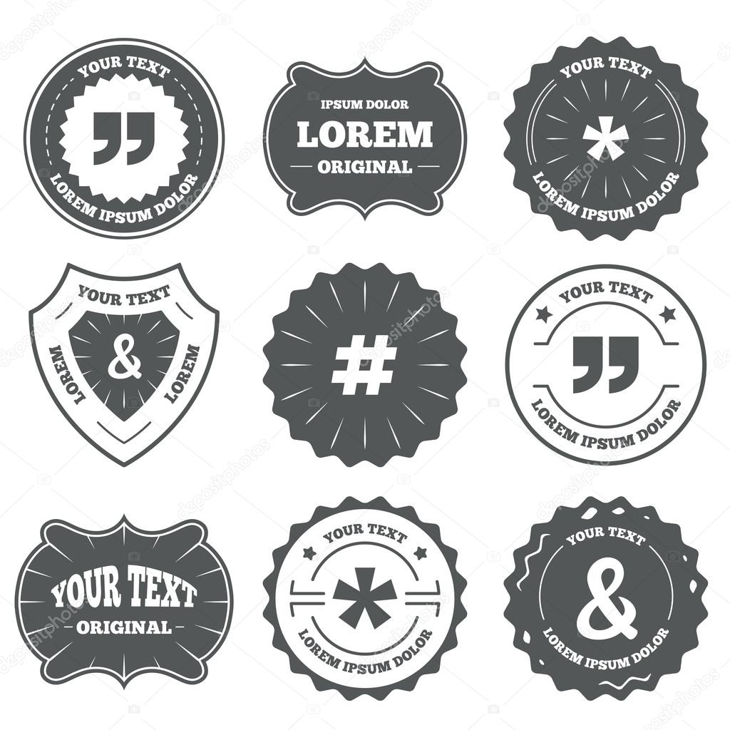 Vintage emblems, labels. Quote, asterisk footnote icons. Hashtag social media and ampersand symbols. Programming logical operator AND sign. Design elements. Vector