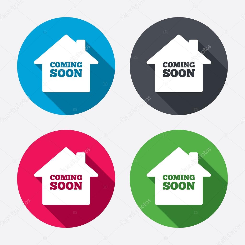 Homepage coming soon sign icon. Promotion announcement symbol. Circle buttons with long shadow. Vector