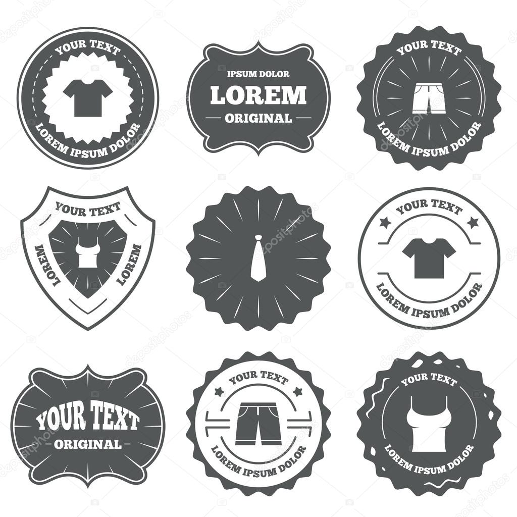 Vintage emblems, labels. Clothes icons. T-shirt and bermuda shorts signs. Business tie symbol. Design elements. Vector