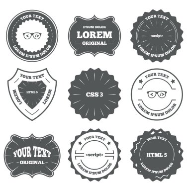 Vintage emblems, labels. Programmer coder glasses icon. HTML5 markup language and CSS3 cascading style sheets sign symbols. Design elements. Vector clipart svg vector 