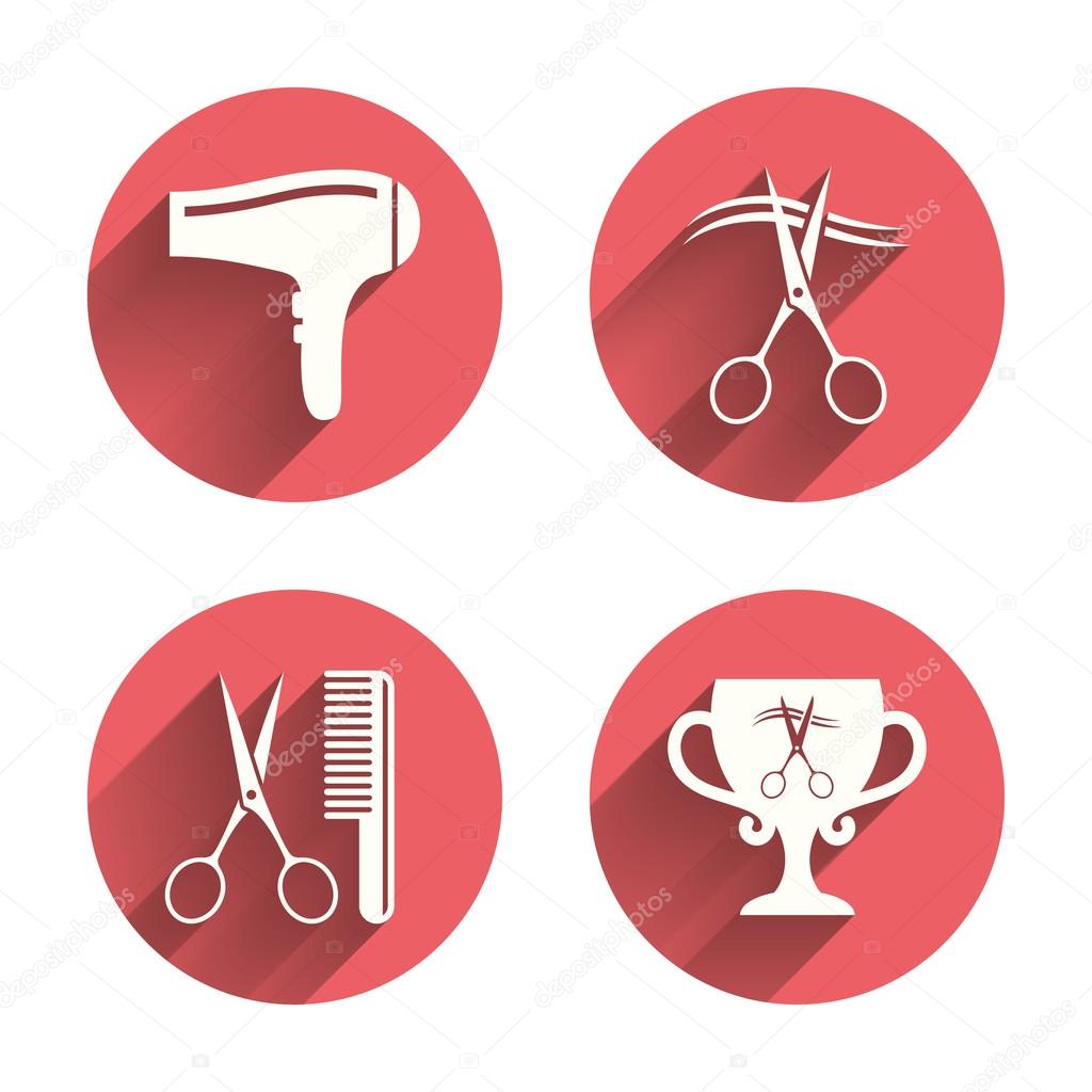 Hairdresser icons. Scissors cut hair
