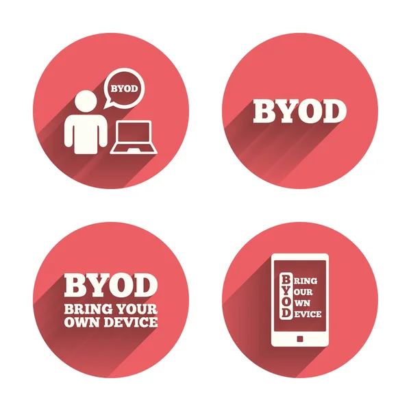 Byod 迹象。人类与笔记本和智能手机. — 图库矢量图片