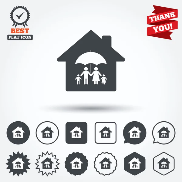 Ícones completos do seguro de casa da família — Vetor de Stock
