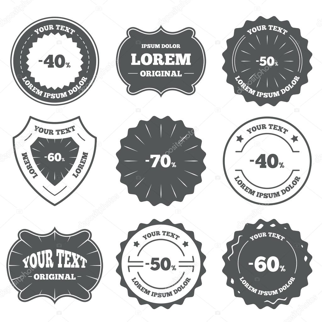 Vintage emblems, labels. Sale discount icons. Special offer price signs. 40, 50, 60 and 70 percent off reduction symbols. Design elements. Vector