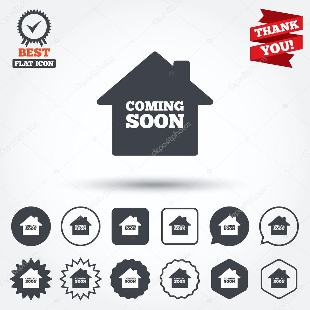 Homepage coming soon sign icon. Promotion announcement symbol. Circle, star, speech bubble and square buttons. Award medal with check mark. Thank you. Vector