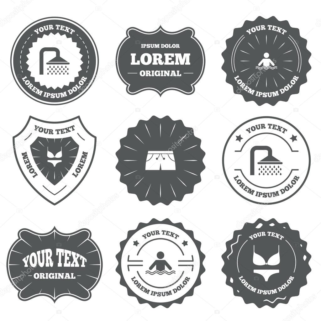 Vintage emblems, labels. Swimming pool icons. Shower water drops and swimwear symbols. Human stands in sea waves sign. Trunks and women underwear. Design elements. Vector