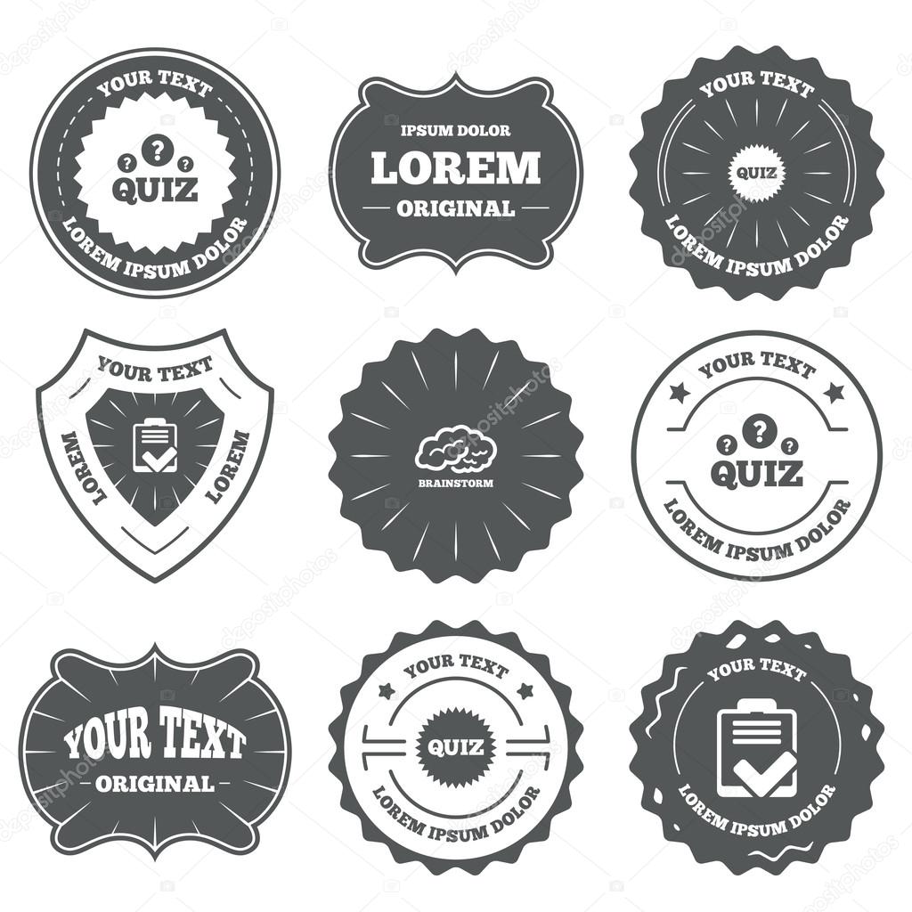 Vintage emblems, labels. Quiz icons. Brainstorm or human think. Checklist symbol. Survey poll or questionnaire feedback form. Questions and answers game sign. Design elements. Vector