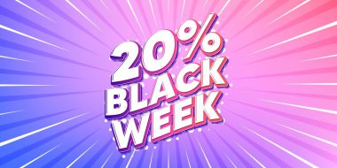 Kara hafta güneş ışınları gradyan bayrağı. Işık patlaması arka planı. Kara hafta yüzde 20 indirimli. Özel indirim tabelası. Kara Cuma teklif sembolü. Artan güneş ışınları. Güneş ışığı. Vektör