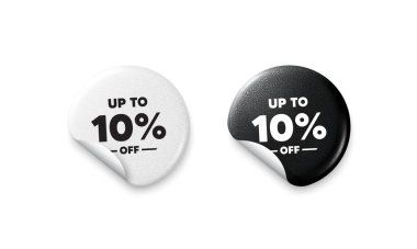 Etiket etiketleri indirimli. Parlak kağıt fiyatlı rozet. % 10 'a kadar indirimde. İndirimli fiyat tabelası. Özel teklif sembolü. Yüzde 10 tasarruf et. Yuvarlak çıkartma teklif et. Reklam afişi. Vektör