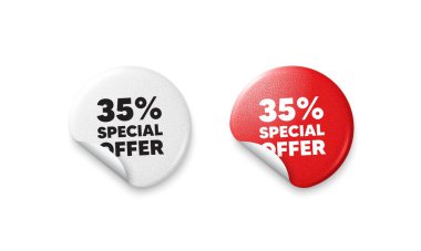 İndirim etiketleri. Parlak kağıt fiyatlı rozet. Yüzde 35 indirim teklif etiketi. İndirimli reklam tabelası. Özel teklif sembolü. Yuvarlak çıkartma teklif et. Reklam afişi. Vektör
