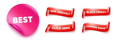 En iyi etiket, kurdele ver. Kara Cuma, yakında geliyor. En iyi terfi etiketi. Özel indirimli tabela. Reklam indirimi sembolü. Pembe etiket. Bayrak kurdele pankartları. Vektör