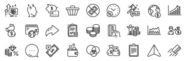 Açık arttırma çekici, ticaret çizelgesi ve stres çizgisi simgeleri paketi. Paylaş, Mesaj, Kağıt uçak simgeleri. Para vergisi, reddedilmiş ödeme, Cüzdan web simgesi. Cüzdan parası, küresel işletme, pano resmi. Vektör