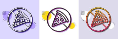 Yemek çizgisi simgesi yasak. Yarı ton noktalı desen. Gradyan simgesi ve tahıl gölgesi. Salamlı pizza tabelası. Yasak gıda sembolü. Hat yemek ikonunu yasaklıyor. Çeşitli tasarımlar. Vektör
