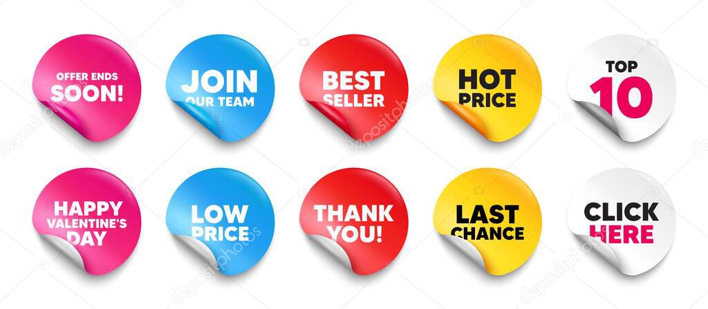 Offer ends soon sticker tag. Top 10, Best seller, Hot price banners. Offer ends soon tag. Special offer price sign. Advertising discounts symbol. Join our team sticker. Vector