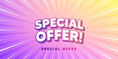 Özel teklif, güneş ışınları gradyan bayrağı. Işık patlaması arka planı. Özel teklif etiketi. Satış tabelası. Reklam indirimi sembolü. Artan güneş ışınları. Güneş ışığı. Vektör