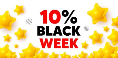 Siyah hafta ödüllü, 3D yıldızlı afiş. Altın yıldızlı pankart. Kara hafta% 10 indirimli. Özel indirim tabelası. Kara Cuma teklif sembolü. Oran arkaplanını gözden geçir. Vektör