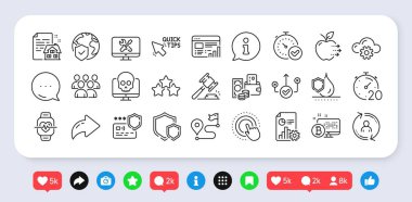 Rapor, Grup ve Hızlı doğrulama çizgisi simgeleri paketlendi. Sosyal medya: paylaşım, yorum, ikonlar gibi. Zamanlayıcı, Bulut hesaplama, Web raporlama web simgesi. Dünya sigortası, doğru yol, kullanıcı bilgisi resimtogramı. Vektör