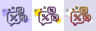 Sohbet baloncukları satır simgesi indirimi. Yarı ton noktalı desen. Gradyan simgesi ve tahıl gölgesi. Teklif levhası. Promosyon fiyatı sembolü. Satır indirimleri sohbet ikonu. Çeşitli tasarımlar. Vektör